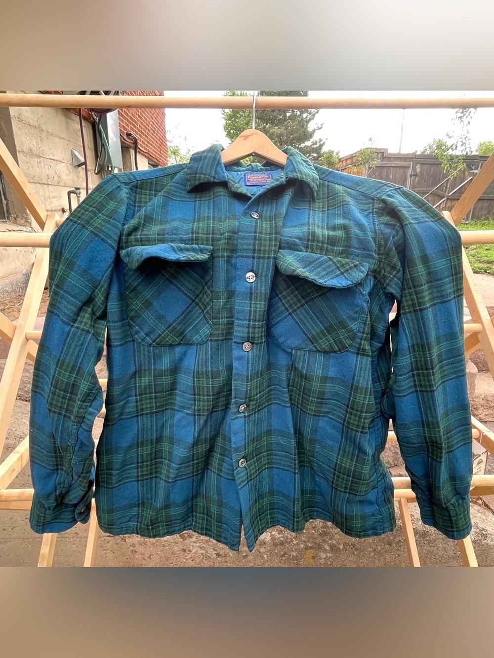 Vintage Pendleton Blue-Green Plaid Flannel Shirt. 100% Wool. Size Large.